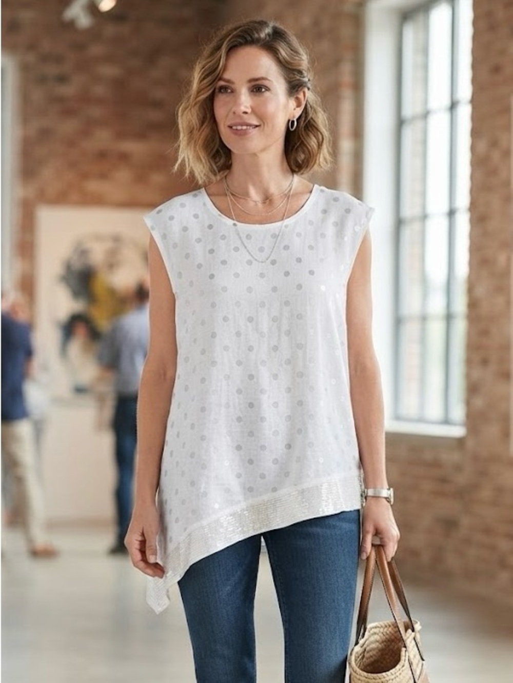 Pure Venice Made in Italy White Silver Polka Dot Asymmetric Linen Top Tunic L